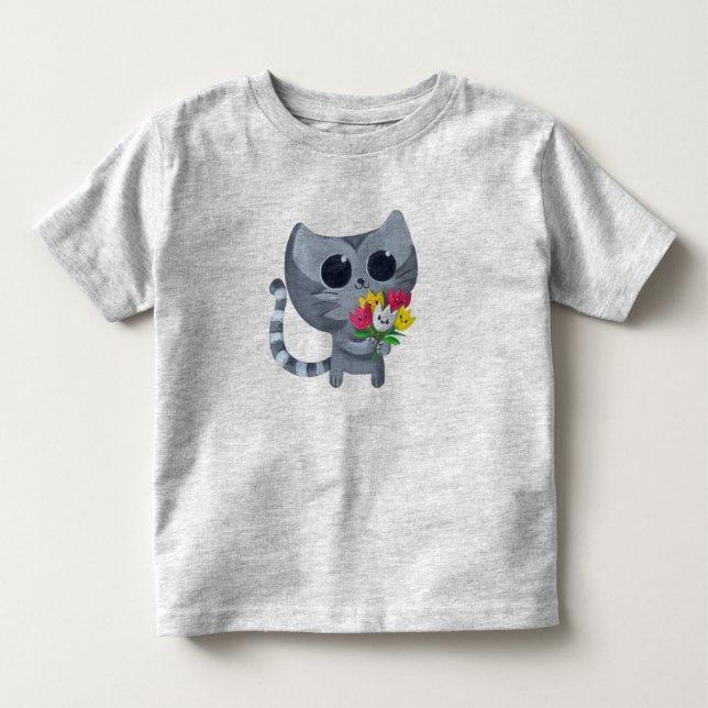 Cute Kitty Cat and flowers Toddler T-Shirt (Front)