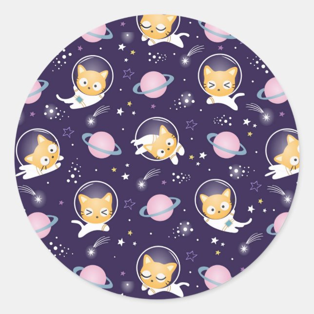 Cute Kitty Cat Astronauts Pattern Classic Round Sticker (Front)
