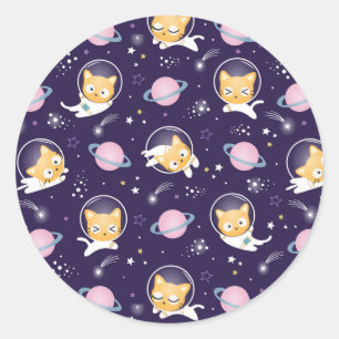 Cute Kitty Cat Astronauts Pattern Classic Round Sticker