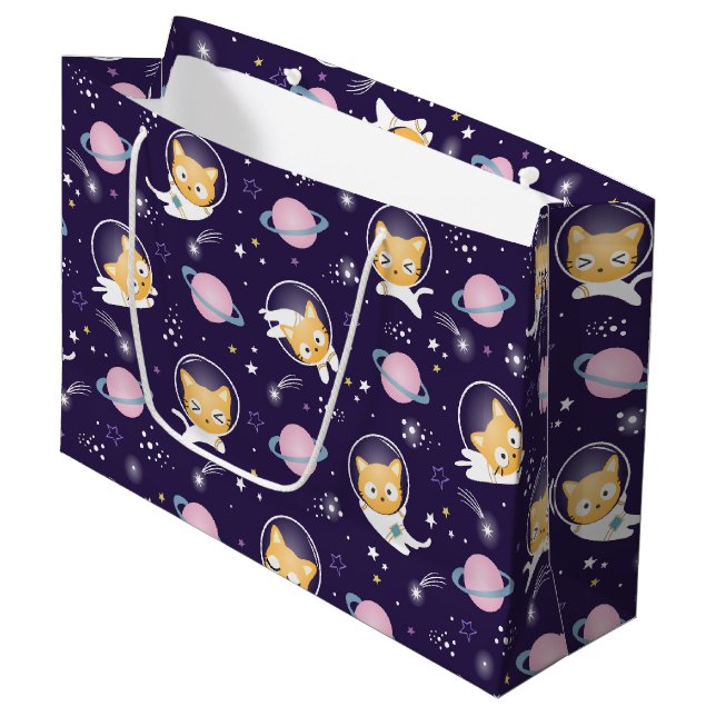 Cute Kitty Cat Astronauts Pattern Large Gift Bag (Front Angled)
