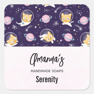 Cute Kitty Cat Astronauts Pattern Soap Business Square Sticker