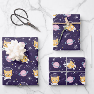 Cute Kitty Cat Astronauts Pattern Wrapping Paper Sheet
