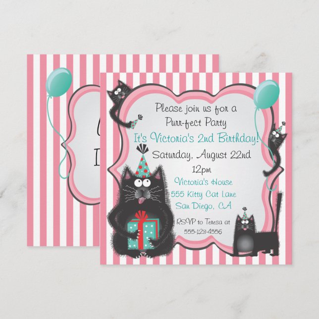 Cute Kitty Cat Birthday Party Invitation (Front/Back)