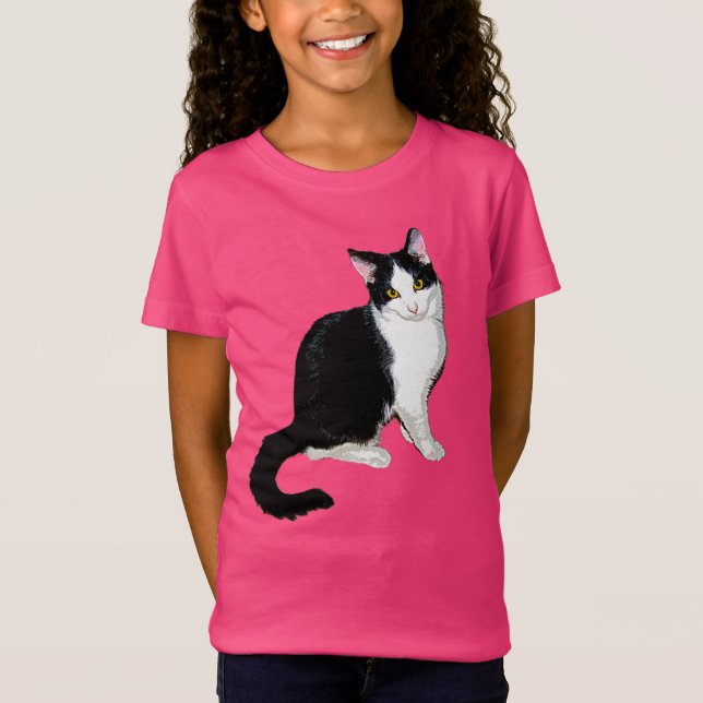 Cute Kitty Cat, Black and White T-Shirt (Front)