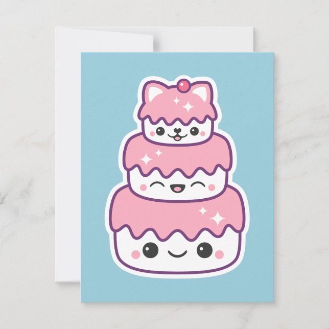 Cute Kitty Cat Cake Birthday Party Invitations (Front)