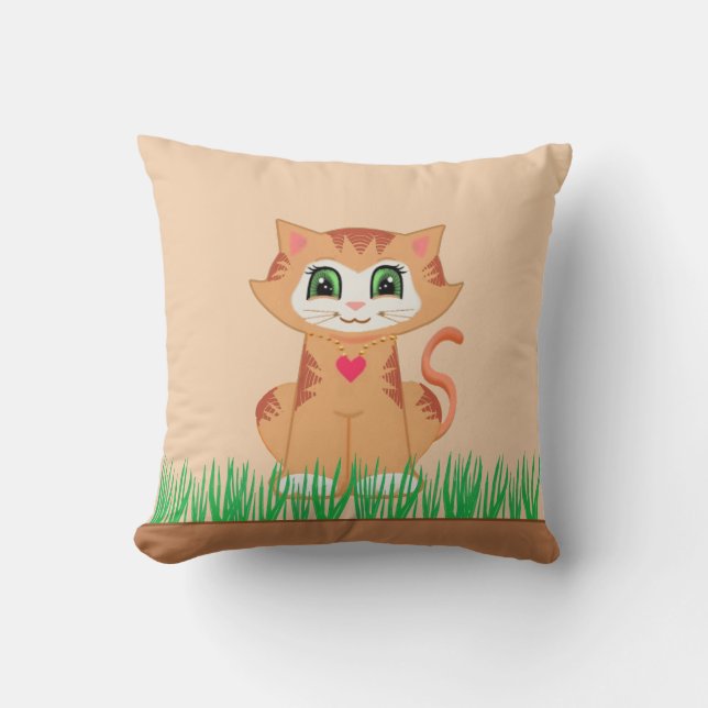 Cute Kitty Cat Cartoon & Plant Cushion (Front)
