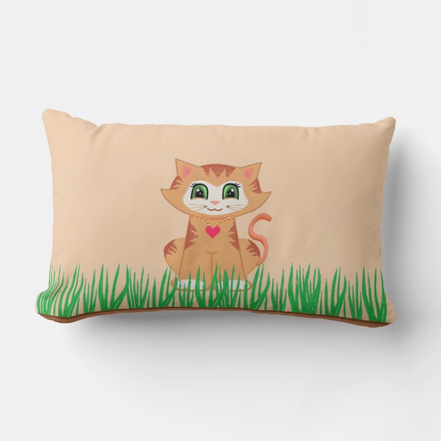 Cute Kitty Cat Cartoon & Plant Lumbar Cushion (Front)