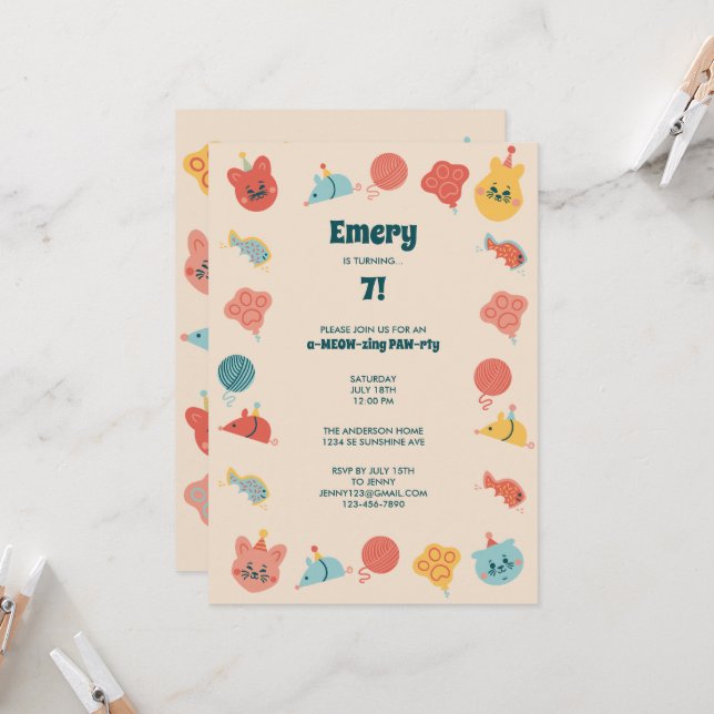 Cute Kitty Cat Children's Birthday Party Invitation (Front/Back In Situ)