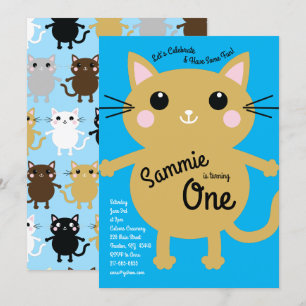 Cute Kitty Cat Colourful 1st Birthday Invitations