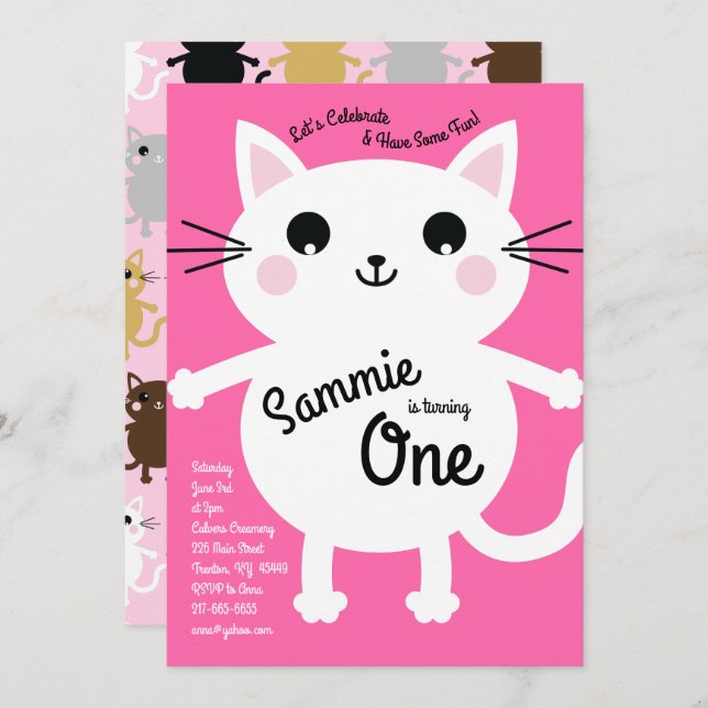 Cute Kitty Cat Colourful 1st Birthday Invitations (Front/Back)