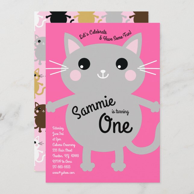 Cute Kitty Cat Colourful 1st Birthday Invitations (Front/Back)