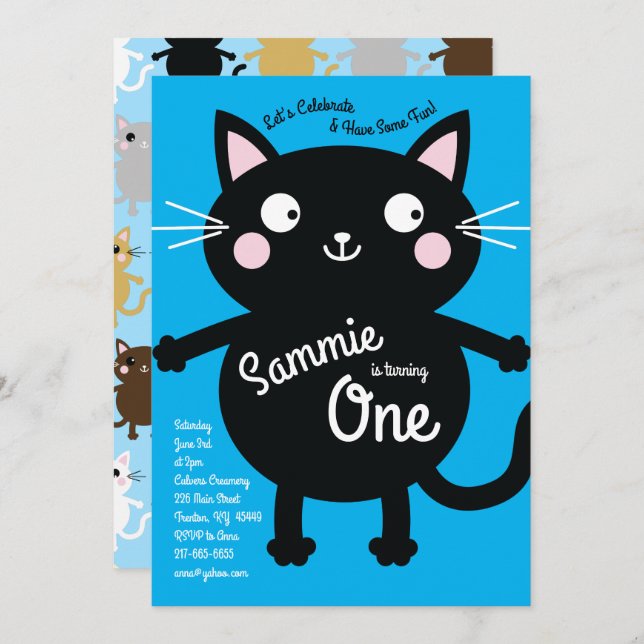 Cute Kitty Cat Colourful 1st Birthday Invitations (Front/Back)