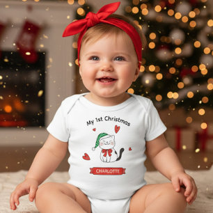 Cute Kitty Cat Custom Name Baby’s First Christmas Baby Bodysuit