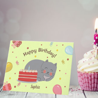 Cute Kitty Cat Green Birthday Party Card