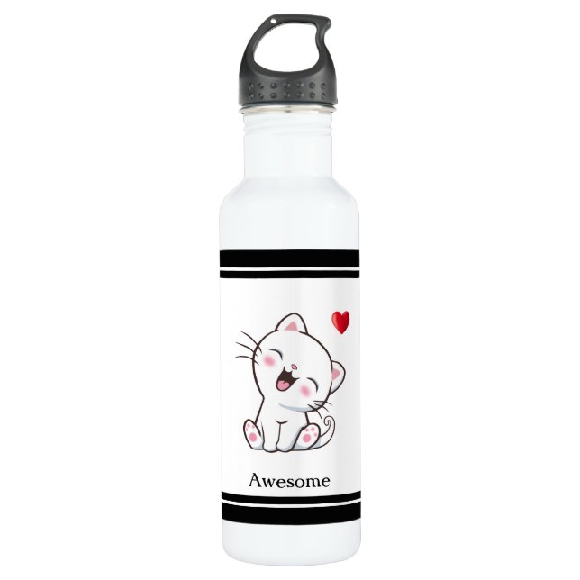 Cute Kitty Cat & Heart 710 Ml Water Bottle (Front)