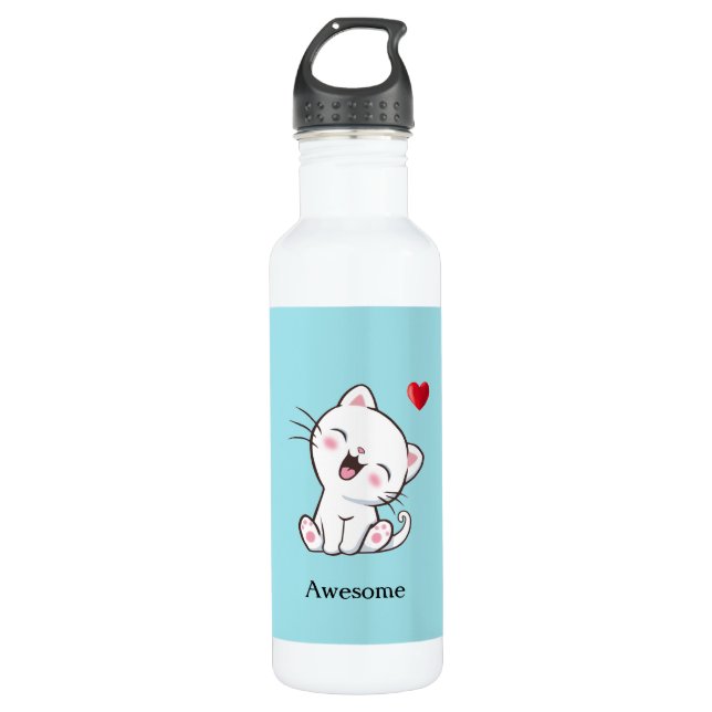 Cute Kitty Cat & Heart on Light Blue 710 Ml Water Bottle (Front)
