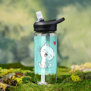 Cute Kitty Cat & Heart on Light Blue Water Bottle