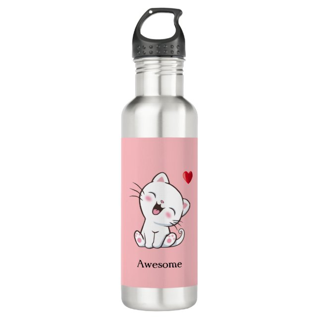 Cute Kitty Cat & Heart on Pink 710 Ml Water Bottle (Front)