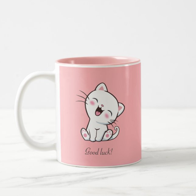Cute Kitty Cat & Heart on Pink Two-Tone Coffee Mug (Left)