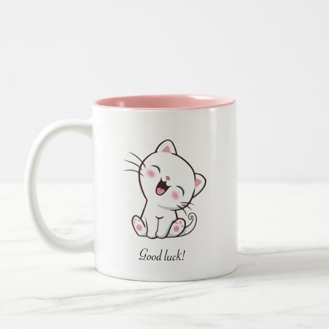 Cute Kitty Cat & Heart on White Two-Tone Coffee Mug (Left)