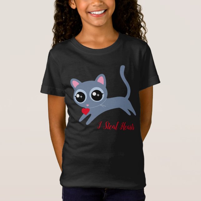Cute Kitty Cat I Steal Hearts Gift for Girls T-Shirt (Front)