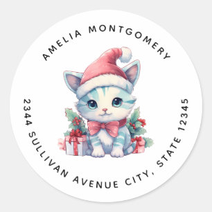 Cute Kitty Cat in a Santa Hat Christmas Address Classic Round Sticker