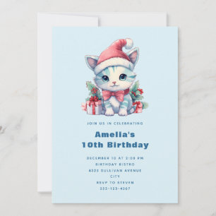 Cute Kitty Cat in a Santa Hat Christmas Birthday Invitation