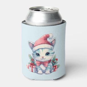 Cute Kitty Cat in a Santa Hat Christmas Can Cooler