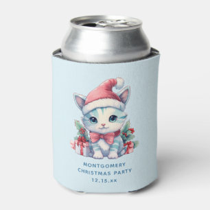 Cute Kitty Cat in a Santa Hat Christmas Party Can Cooler