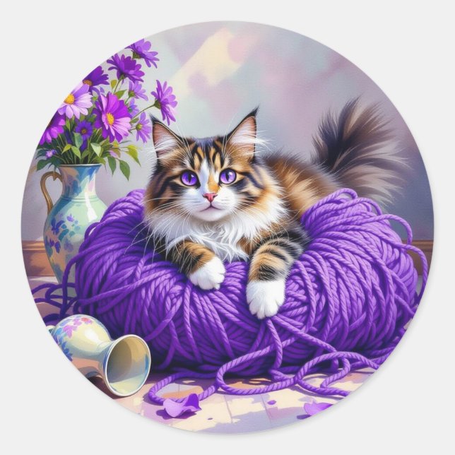 Cute Kitty Cat in Ball of Purple Yarn Classic Round Sticker (Front)