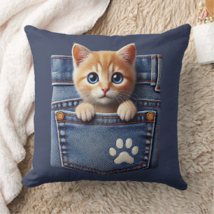 Cute Kitty Cat in Denim Pocket Cushion
