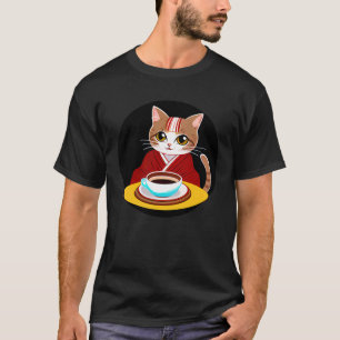 Cute Kitty Cat in Kimono Drinking Coffee Kitty Ca T-Shirt