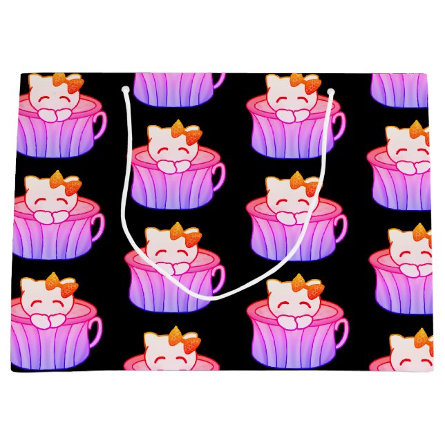 Cute Kitty Cat in Rainbow Pink and Purple Pastel Large Gift Bag (Front)