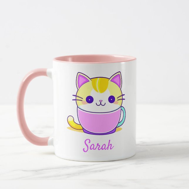 Cute Kitty Cat Kawaii Personalised Name Mug (Left)