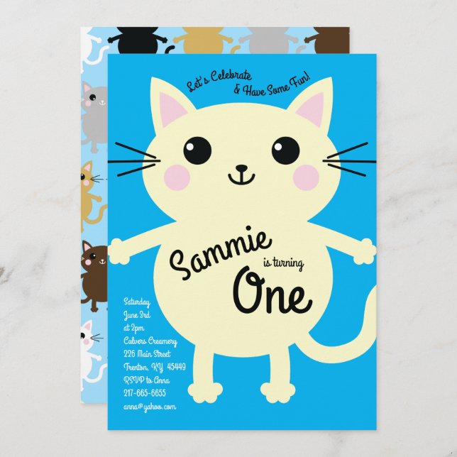 Cute Kitty Cat Kids Birthday Blue Invitation (Front/Back)