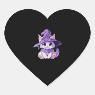 Cute Kitty Cat Kitten in Witch Hat Girls Halloween Heart Sticker