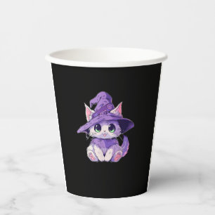Cute Kitty Cat Kitten in Witch Hat Girls Halloween Paper Cups