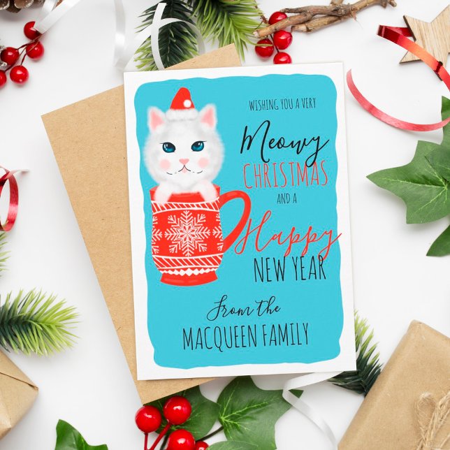 Cute Kitty Cat Mug Meowy Christmas Happy New Year Holiday Card (Creator Uploaded)