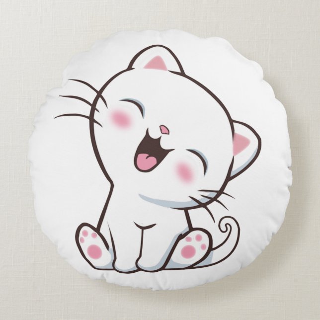 Cute Kitty Cat on White Round Cushion (Front)