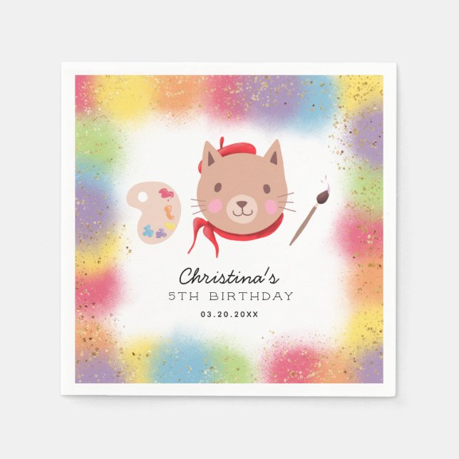 Cute Kitty Cat Painting Art Birthday Party Napkin (Front)
