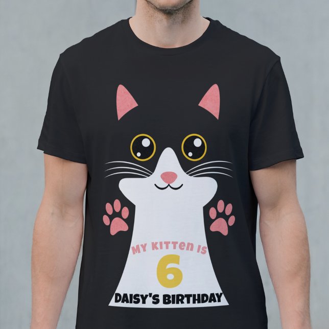 Cute Kitty Cat Parent's Birthday Party T-Shirt ("my kitten is" age and custom name cut kid's birthday party shirt kitty cat black )