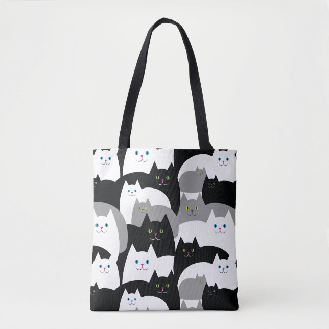 Cute Kitty Cat Pattern Grey Black and White Tote Bag (Front)