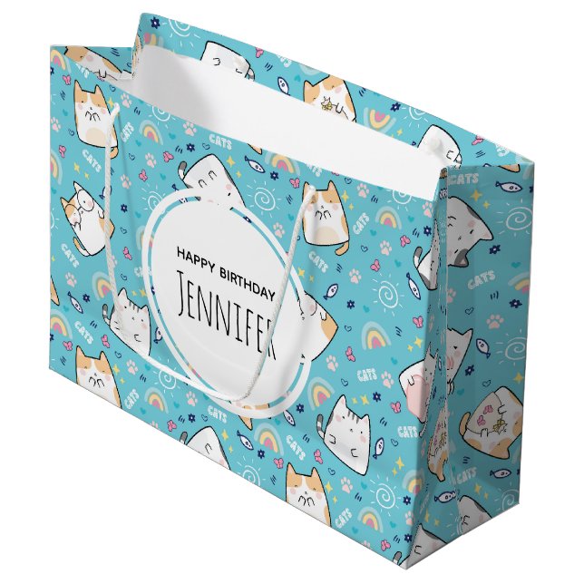 Cute Kitty Cat Pattern Whimsical Birthday Large Gift Bag (Front Angled)