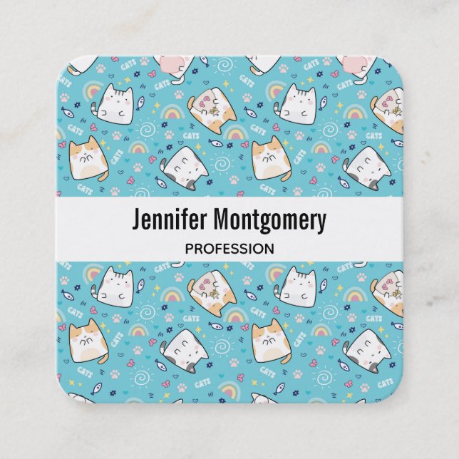 Cute Kitty Cat Pattern Whimsical Square Business Card (Front)