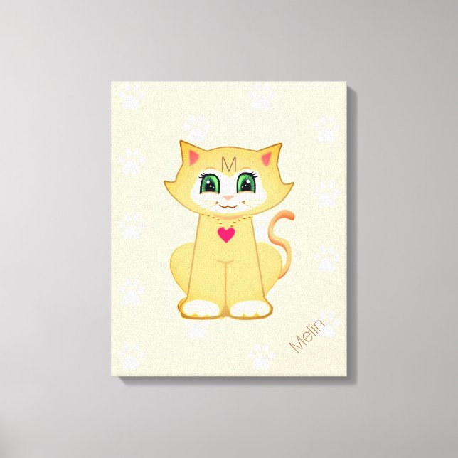 Cute Kitty Cat & Paw Pattern on Coral Canvas Print (Front)