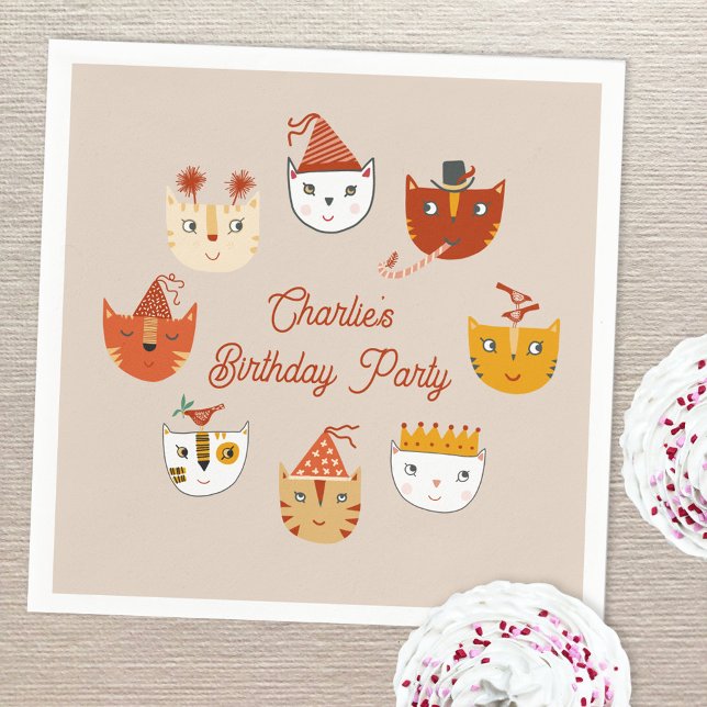 Cute Kitty Cat Personalised Birthday Napkin (Cute kitty cat themed personalized birthday party paper napkins)