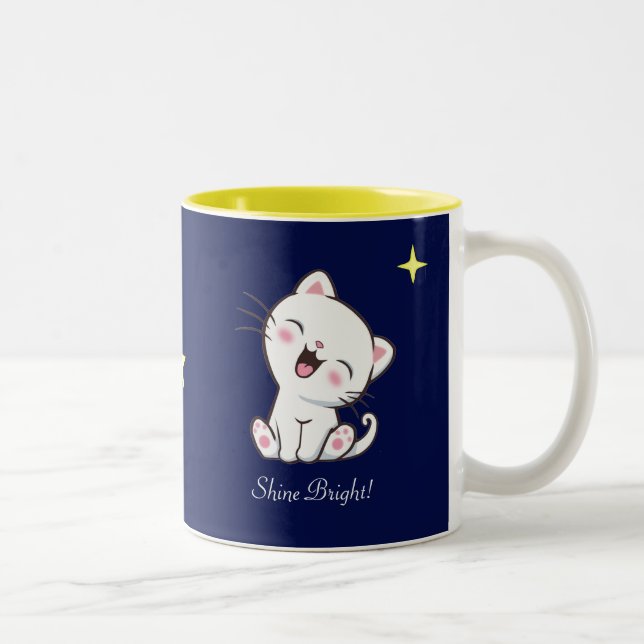Cute Kitty Cat & Star on Blue Two-Tone Coffee Mug (Right)