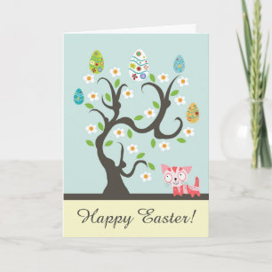 Cute Kitty Cat with Egg Tree Happy Easter Card