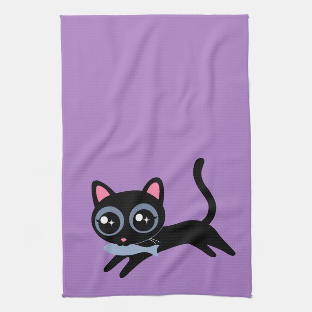 Cute Kitty Cat with Fish Gift for Girlfriend, Wife Tea Towel (Vertical)