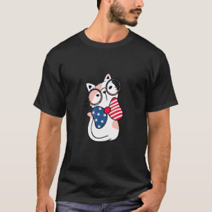 Cute Kitty Cat With Glasses  Red White & Blue Bow  T-Shirt